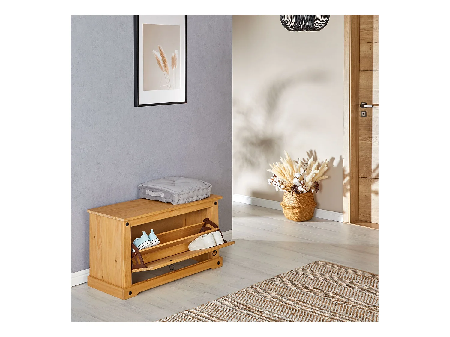 Banc coffre à chaussures TEQUILA style mexicain 1 abattant en pin massif à la finition cirée