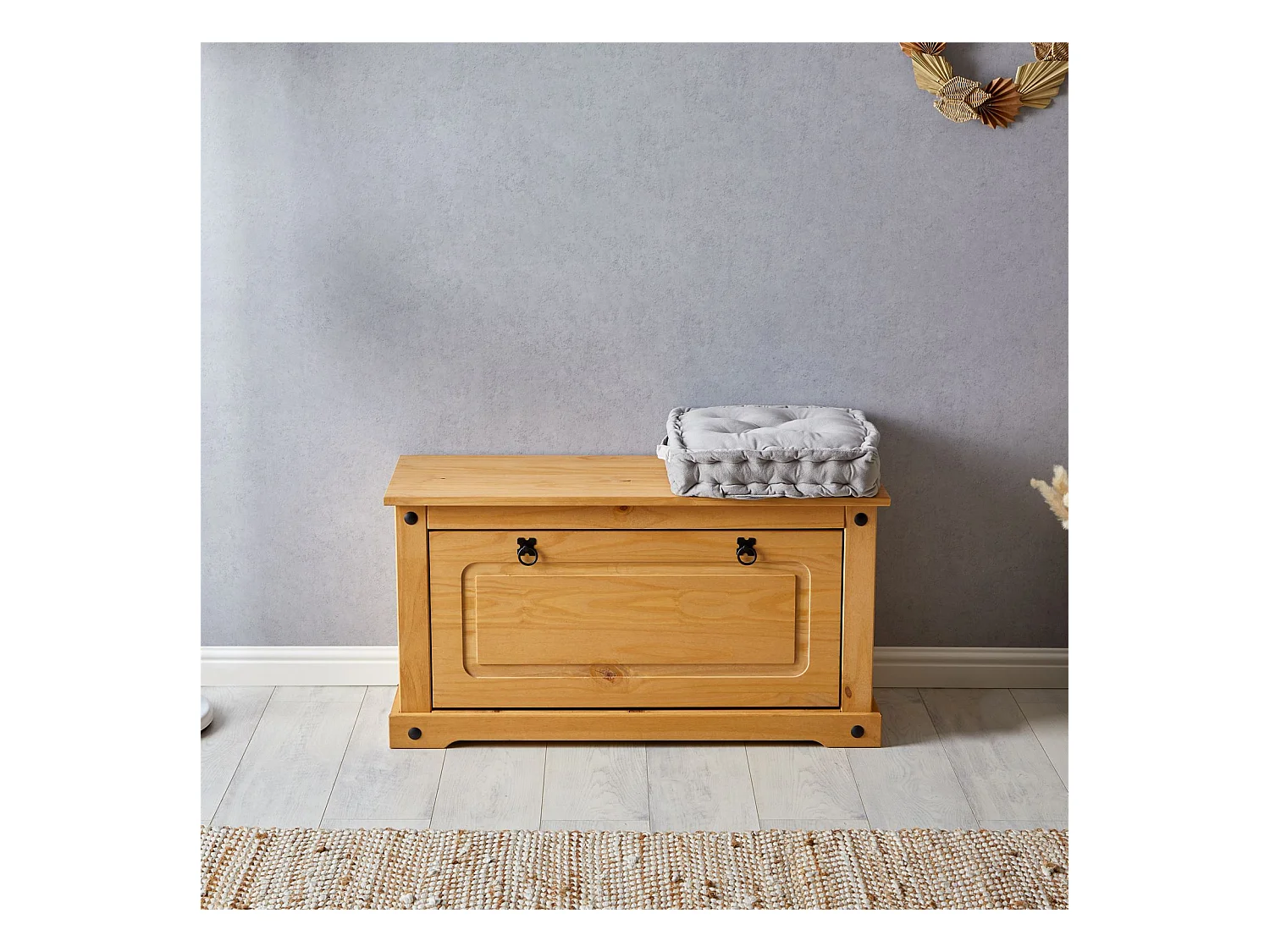 Banc coffre à chaussures TEQUILA style mexicain 1 abattant en pin massif à la finition cirée