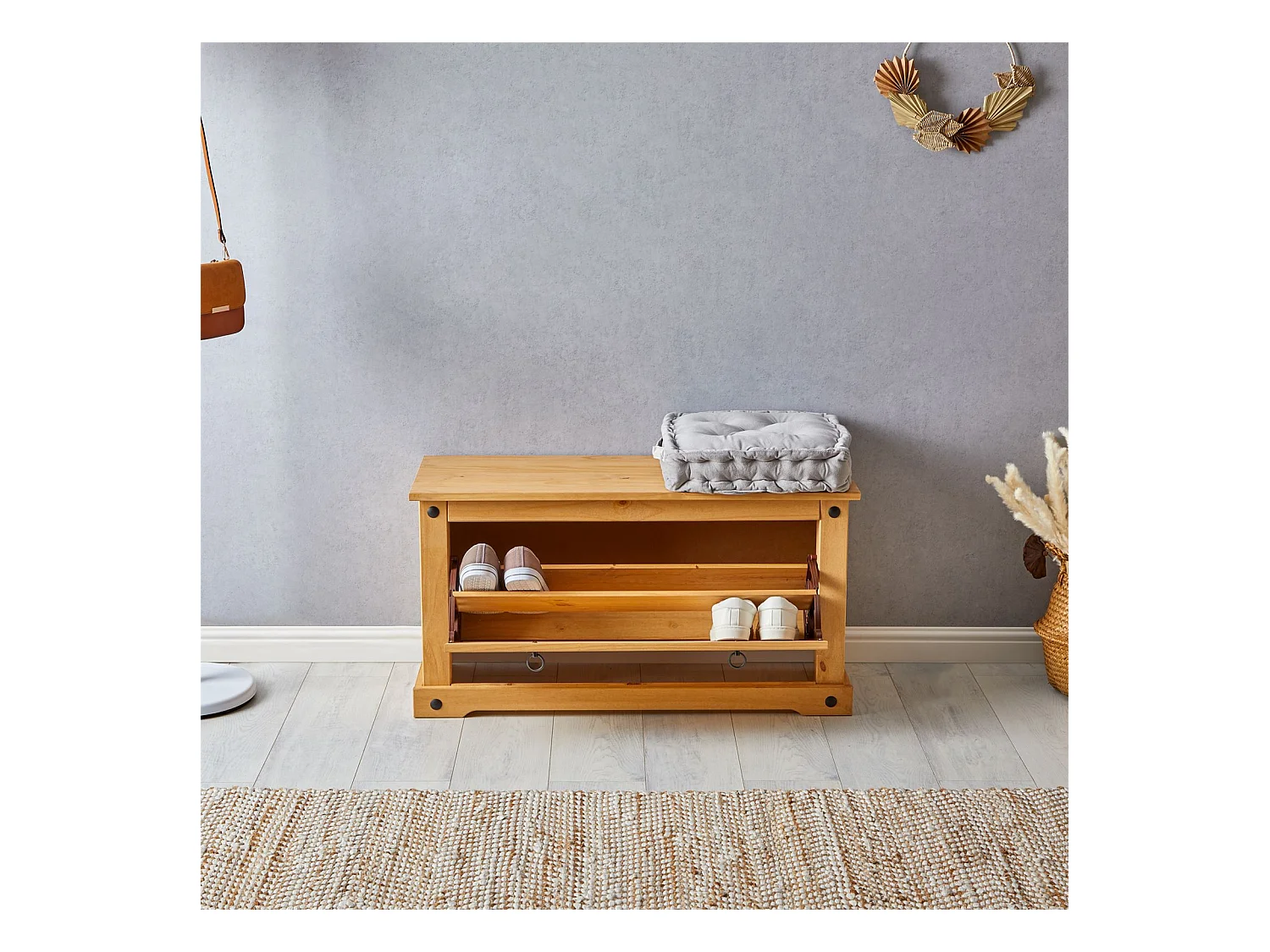 Banc coffre à chaussures TEQUILA style mexicain 1 abattant en pin massif à la finition cirée