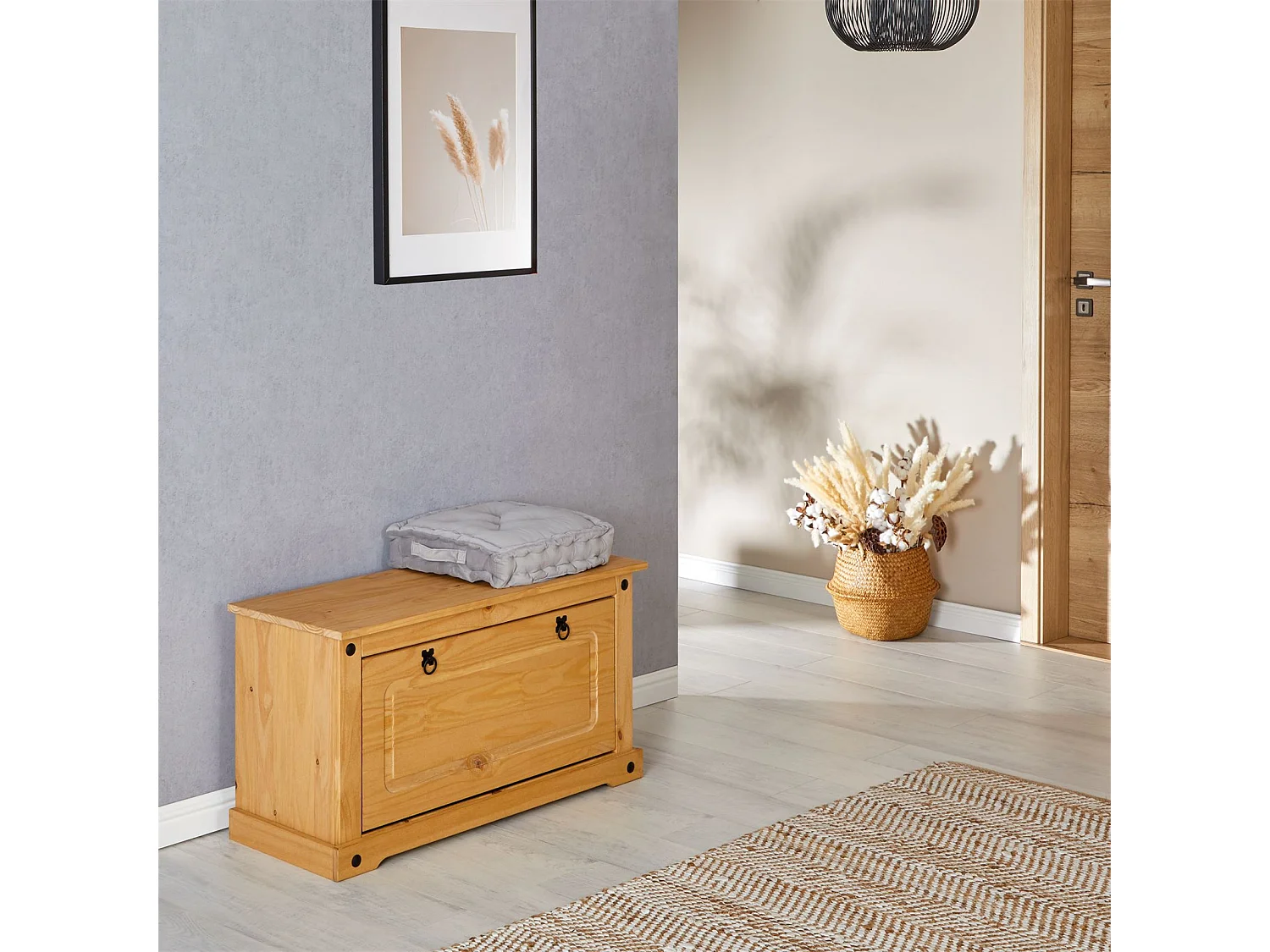 Banc coffre à chaussures TEQUILA style mexicain 1 abattant en pin massif à la finition cirée