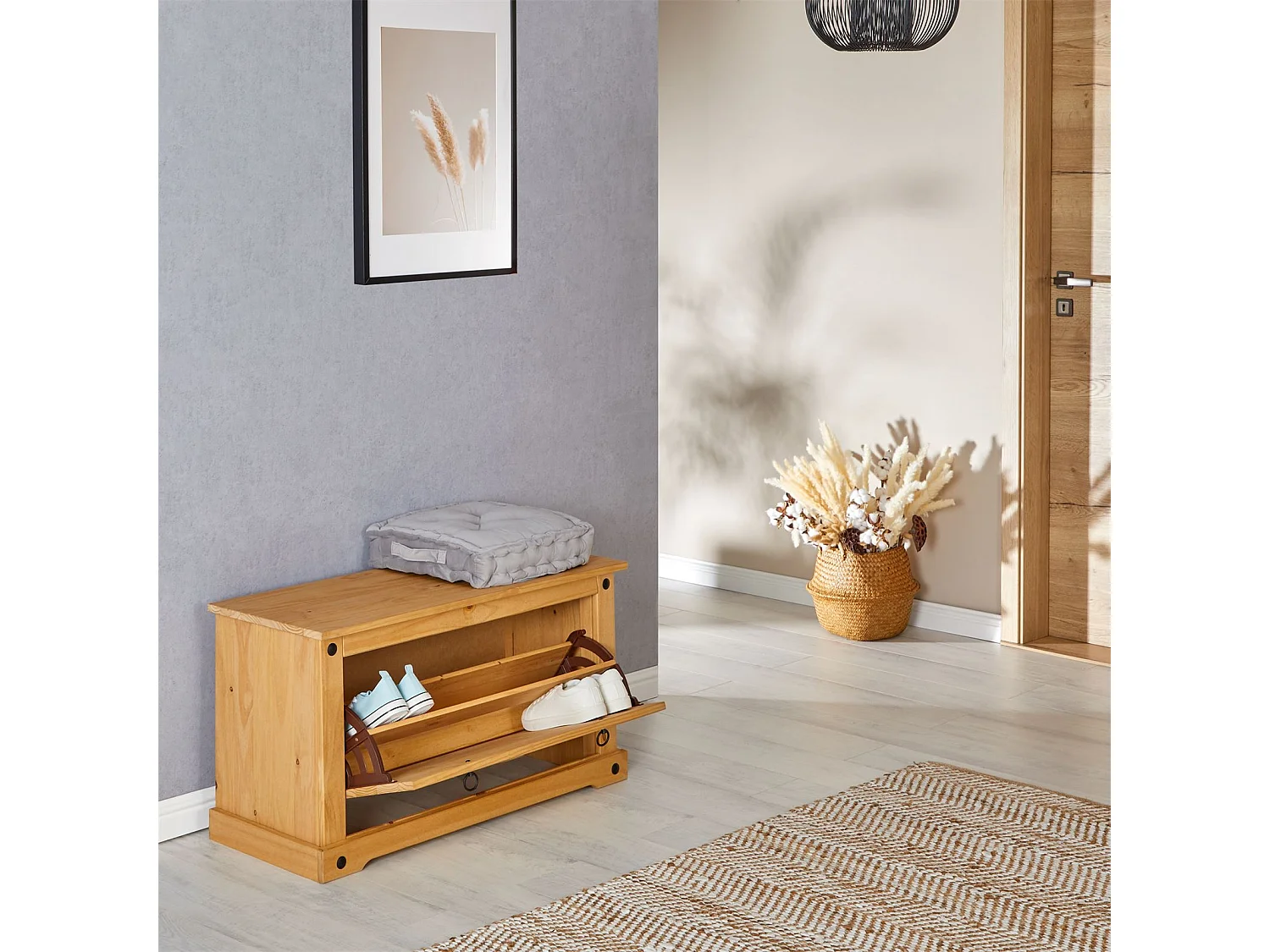 Banc coffre à chaussures TEQUILA style mexicain 1 abattant en pin massif à la finition cirée