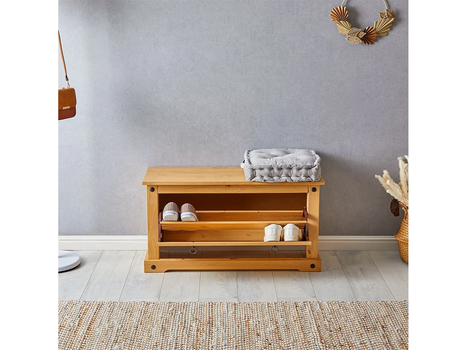 Banc coffre à chaussures TEQUILA style mexicain 1 abattant en pin massif à la finition cirée