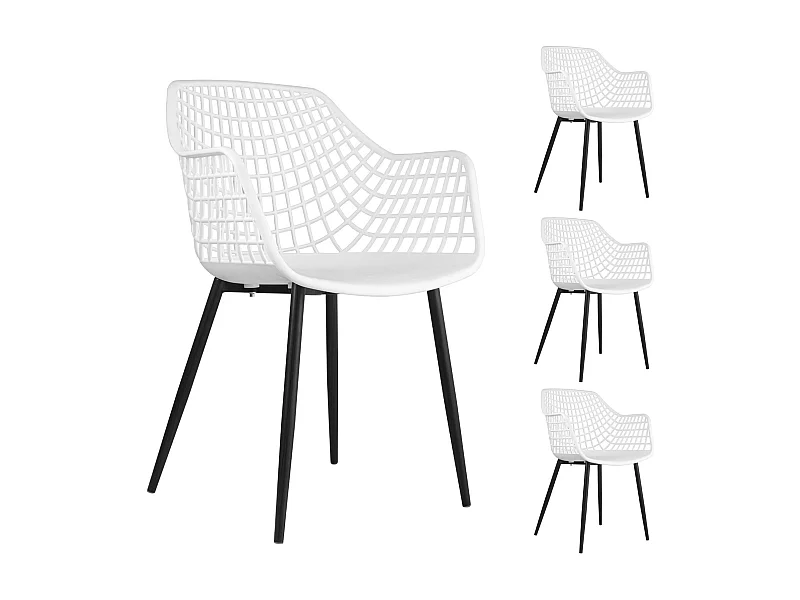 Lot de 4 chaises LUCIA pour salle à manger ou cuisine au design retro avec accoudoirs, coque en plastique blanc et 4 pieds en métal
