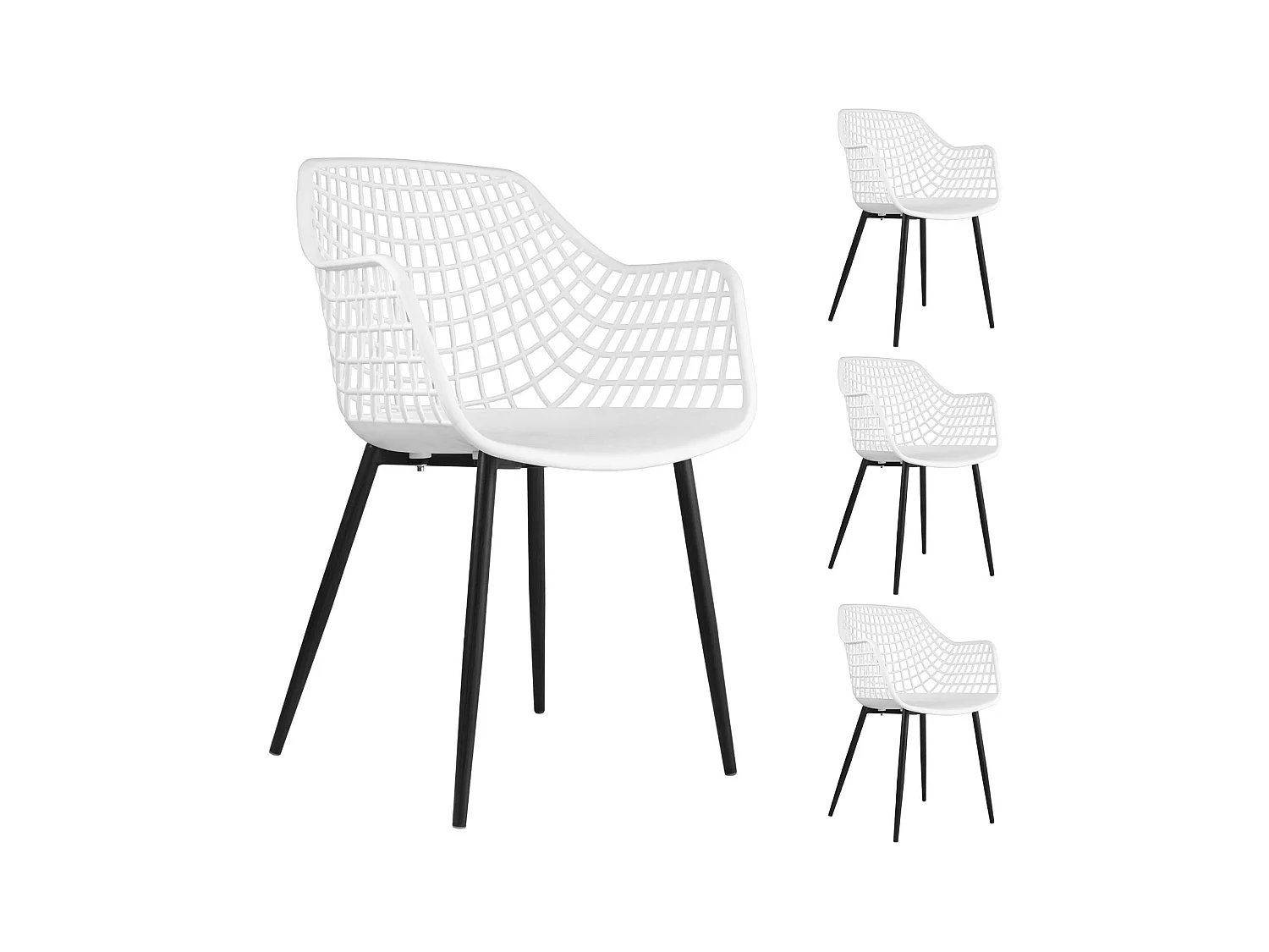 Lot de 4 chaises LUCIA pour salle à manger ou cuisine au design retro avec accoudoirs, coque en plastique blanc et 4 pieds en métal
