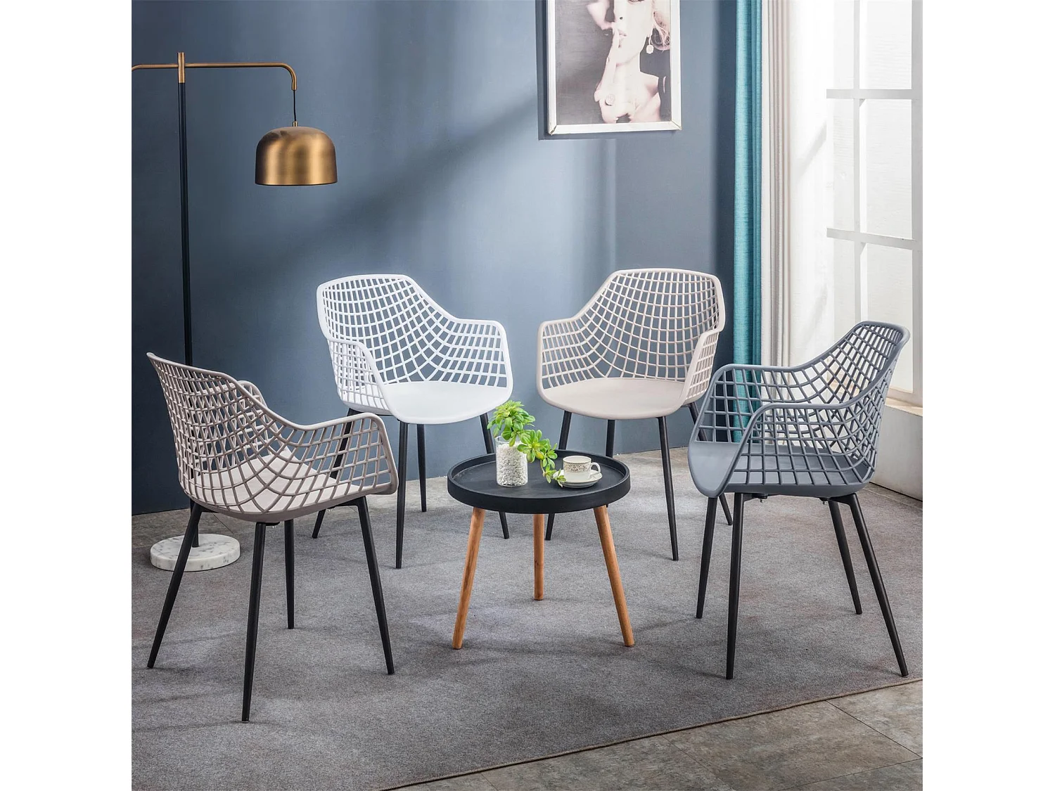Lot de 4 chaises LUCIA pour salle à manger ou cuisine au design retro avec accoudoirs, coque en plastique blanc et 4 pieds en métal