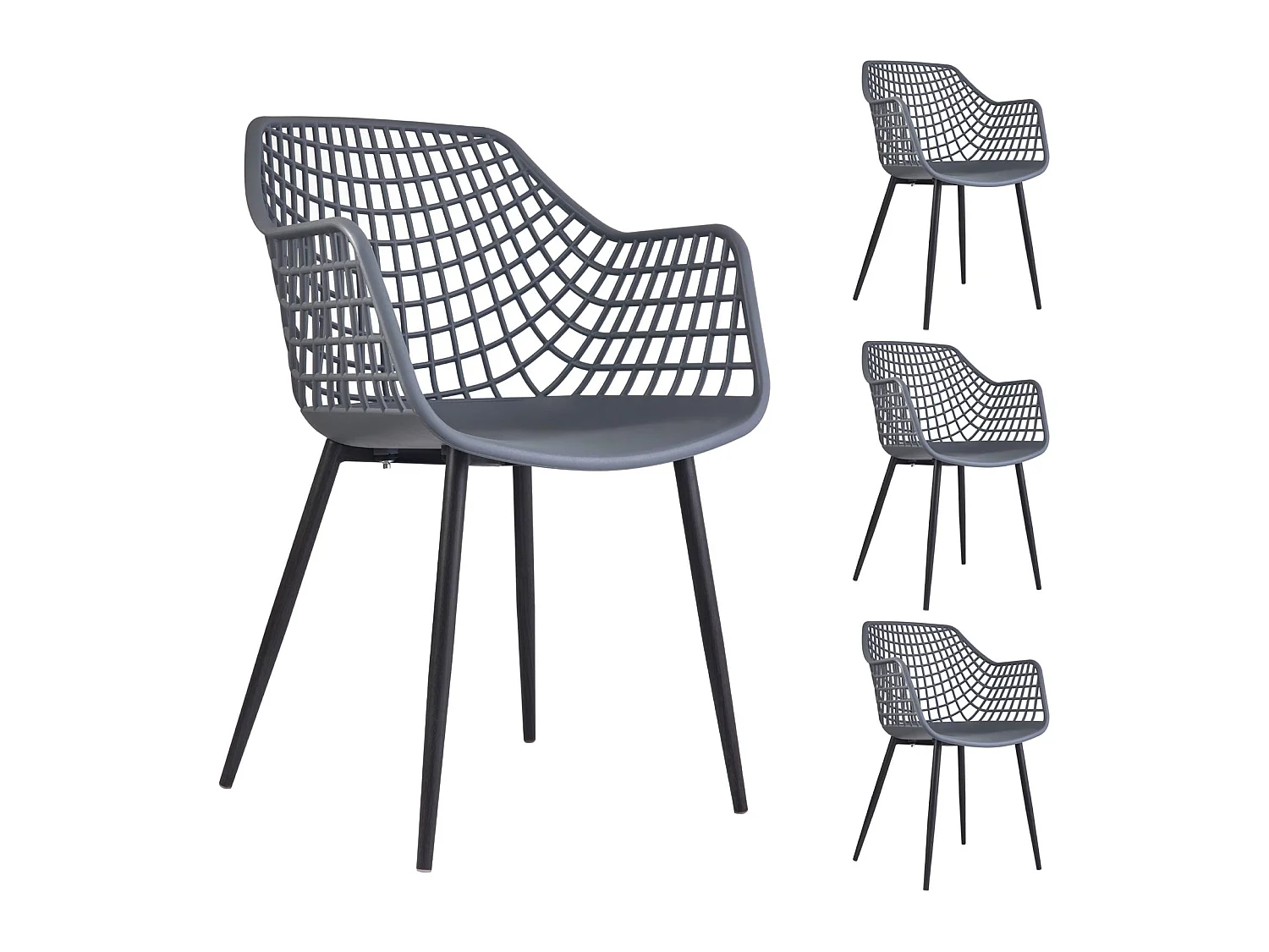 Lot de 4 chaises LUCIA pour salle à manger ou cuisine au design retro avec accoudoirs, coque en plastique gris et 4 pieds en métal