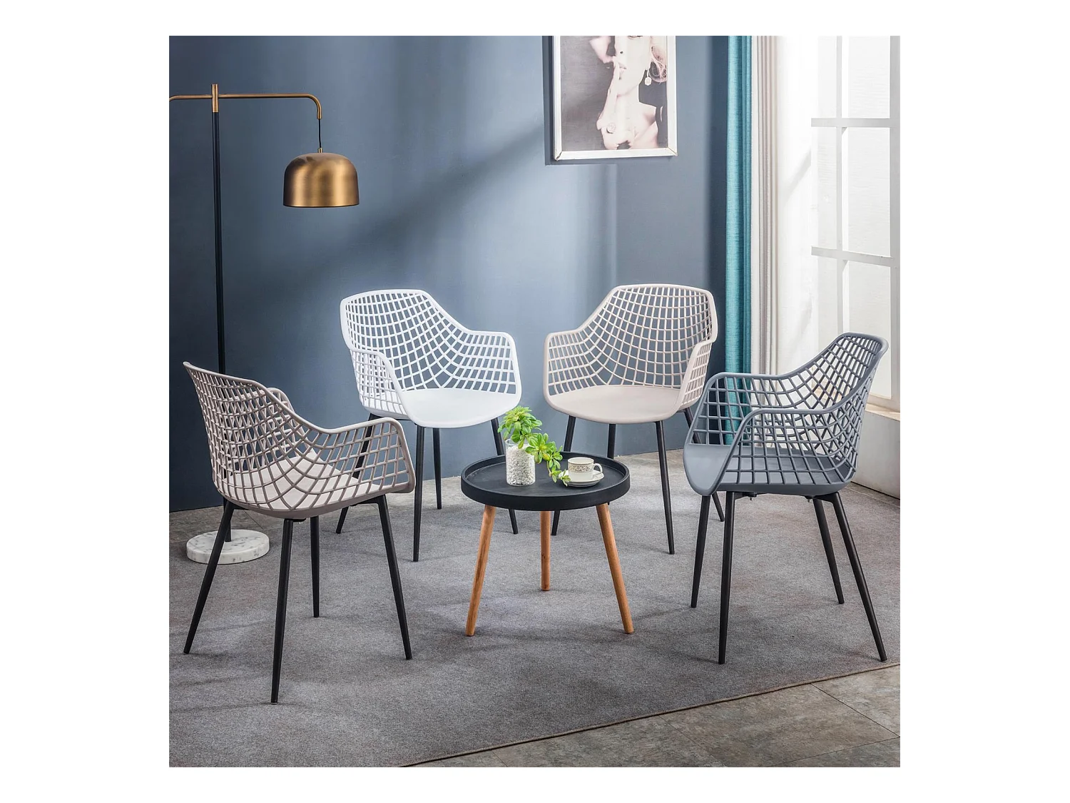 Lot de 4 chaises LUCIA pour salle à manger ou cuisine au design retro avec accoudoirs, coque en plastique gris et 4 pieds en métal