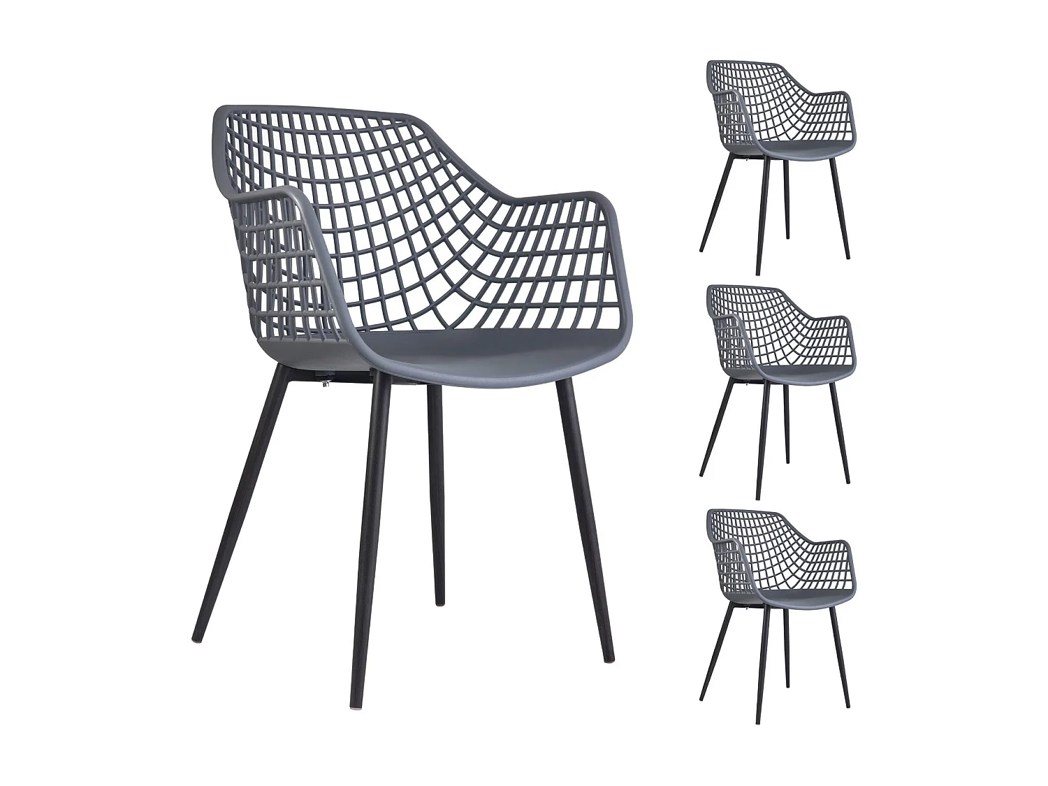 Lot de 4 chaises LUCIA pour salle à manger ou cuisine au design retro avec accoudoirs, coque en plastique gris et 4 pieds en métal