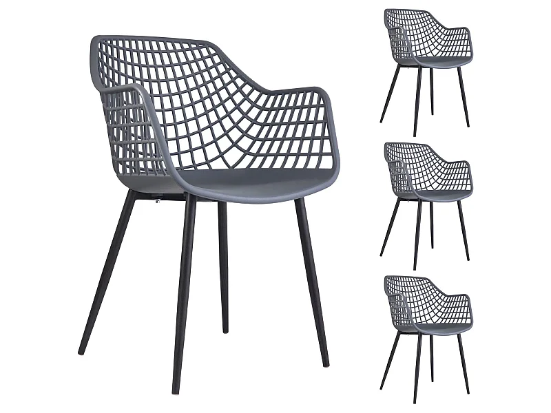 Lot de 4 chaises LUCIA pour salle à manger ou cuisine au design retro avec accoudoirs, coque en plastique gris et 4 pieds en métal