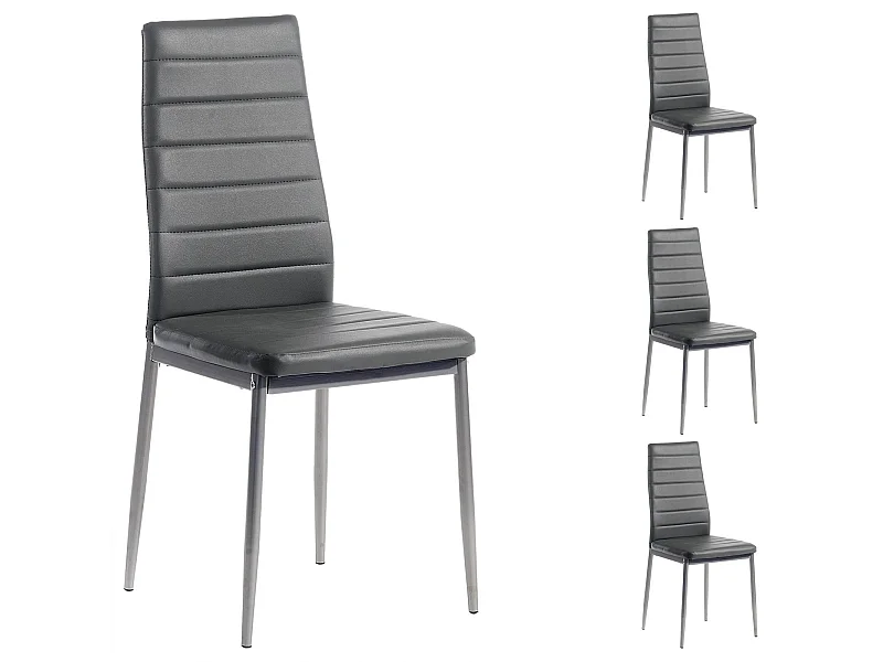 Lot de 4 chaises de salle à manger NATHALIE piètement métallique couleur aluminium revêtement synthétique gris