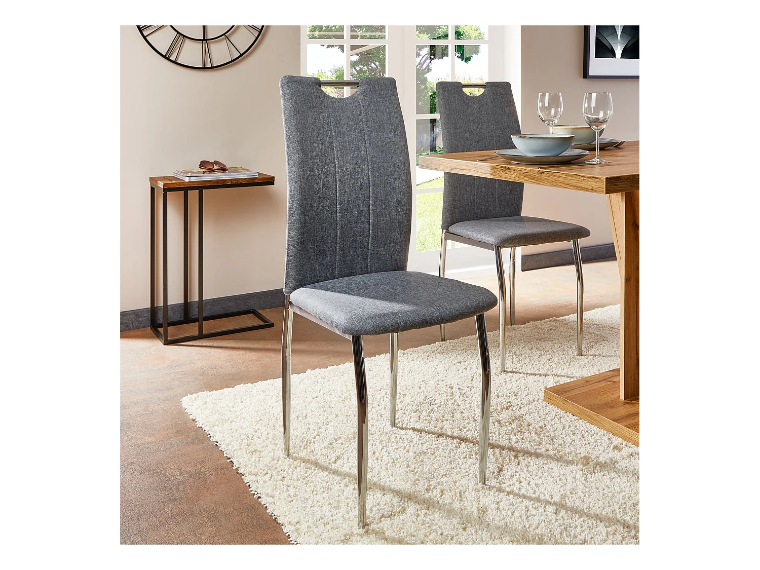 Lot de 4 chaises de salle à manger APOLLO piètement en métal chromé revêtement en tissu gris