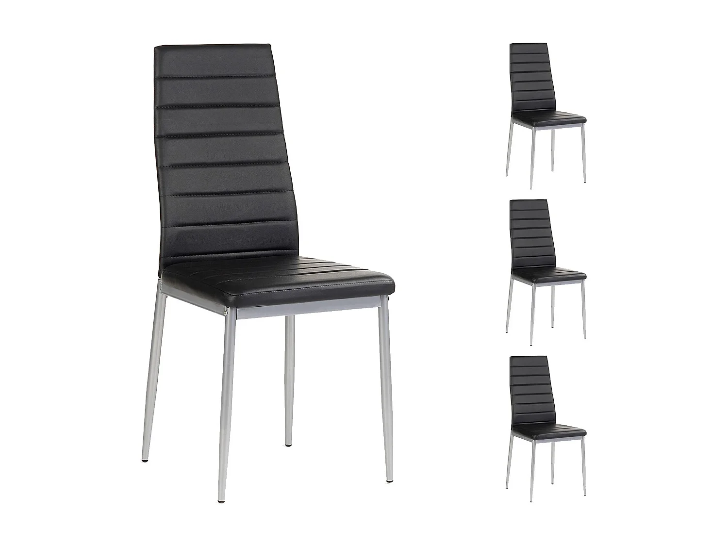 Lot de 4 chaises de salle à manger NATHALIE piètement métallique couleur aluminium revêtement synthétique noir