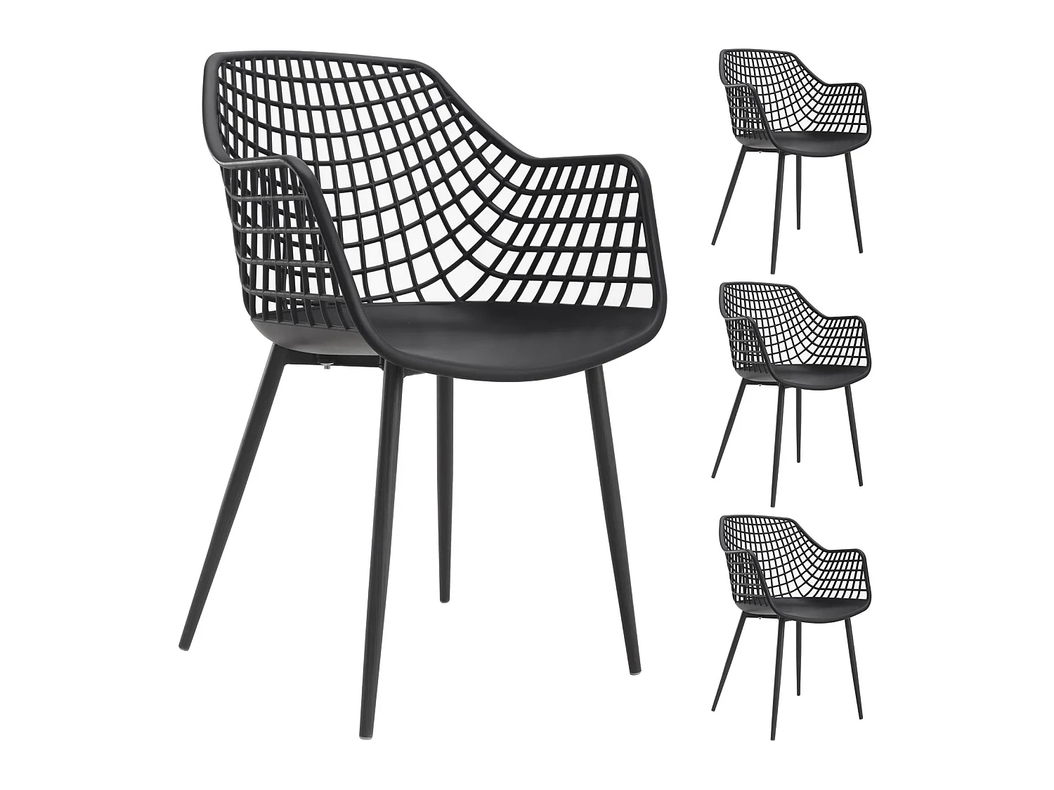 Lot de 4 chaises LUCIA pour salle à manger ou cuisine au design retro avec accoudoirs, coque en plastique noir et 4 pieds métal noir