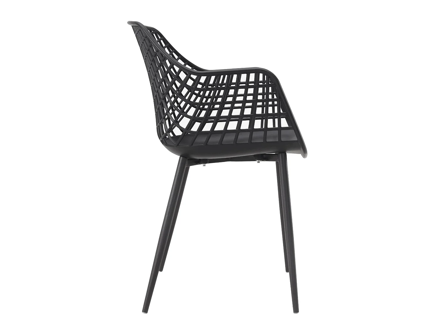 Lot de 4 chaises LUCIA pour salle à manger ou cuisine au design retro avec accoudoirs, coque en plastique noir et 4 pieds métal noir