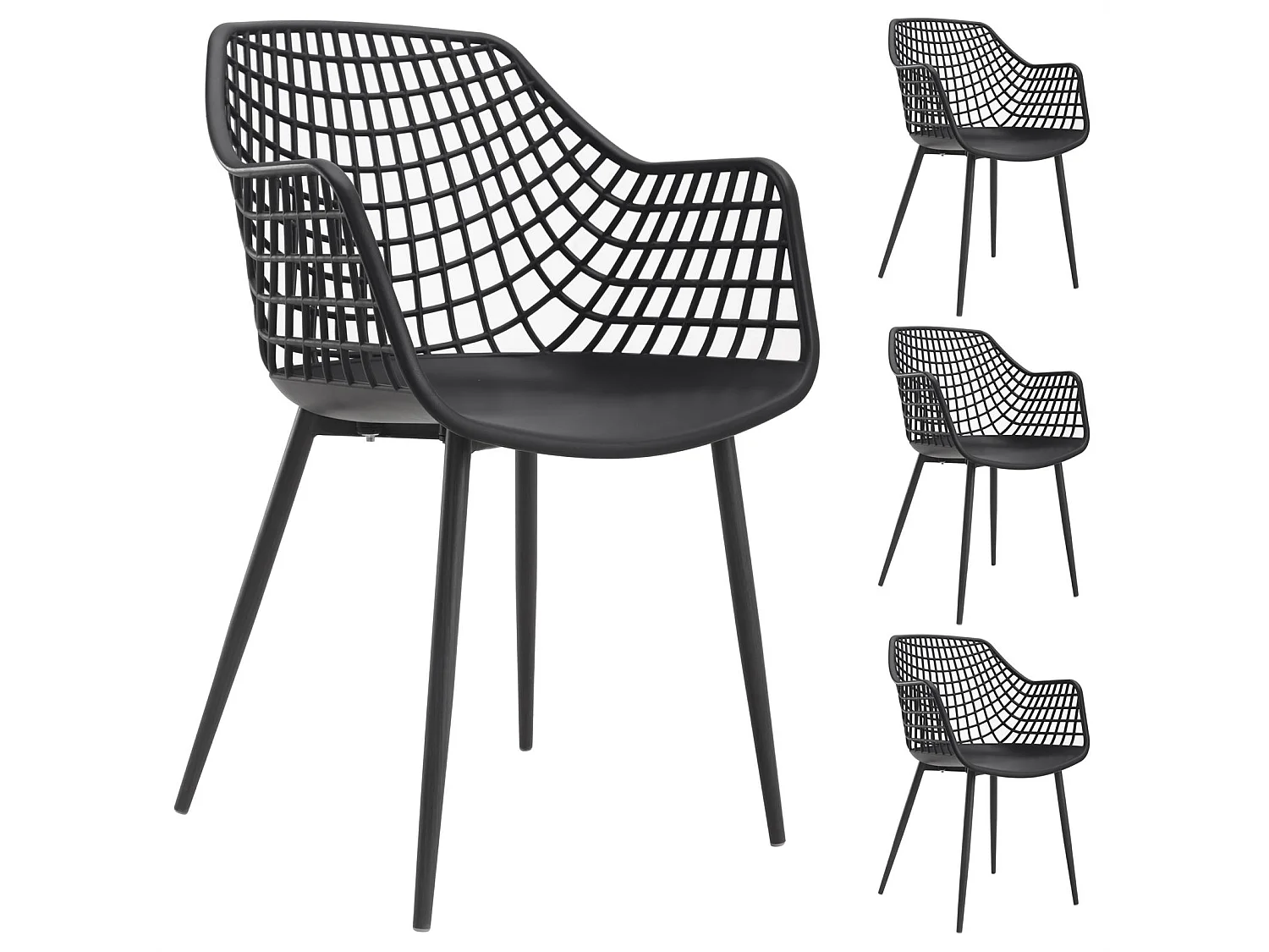 Lot de 4 chaises LUCIA pour salle à manger ou cuisine au design retro avec accoudoirs, coque en plastique noir et 4 pieds métal noir