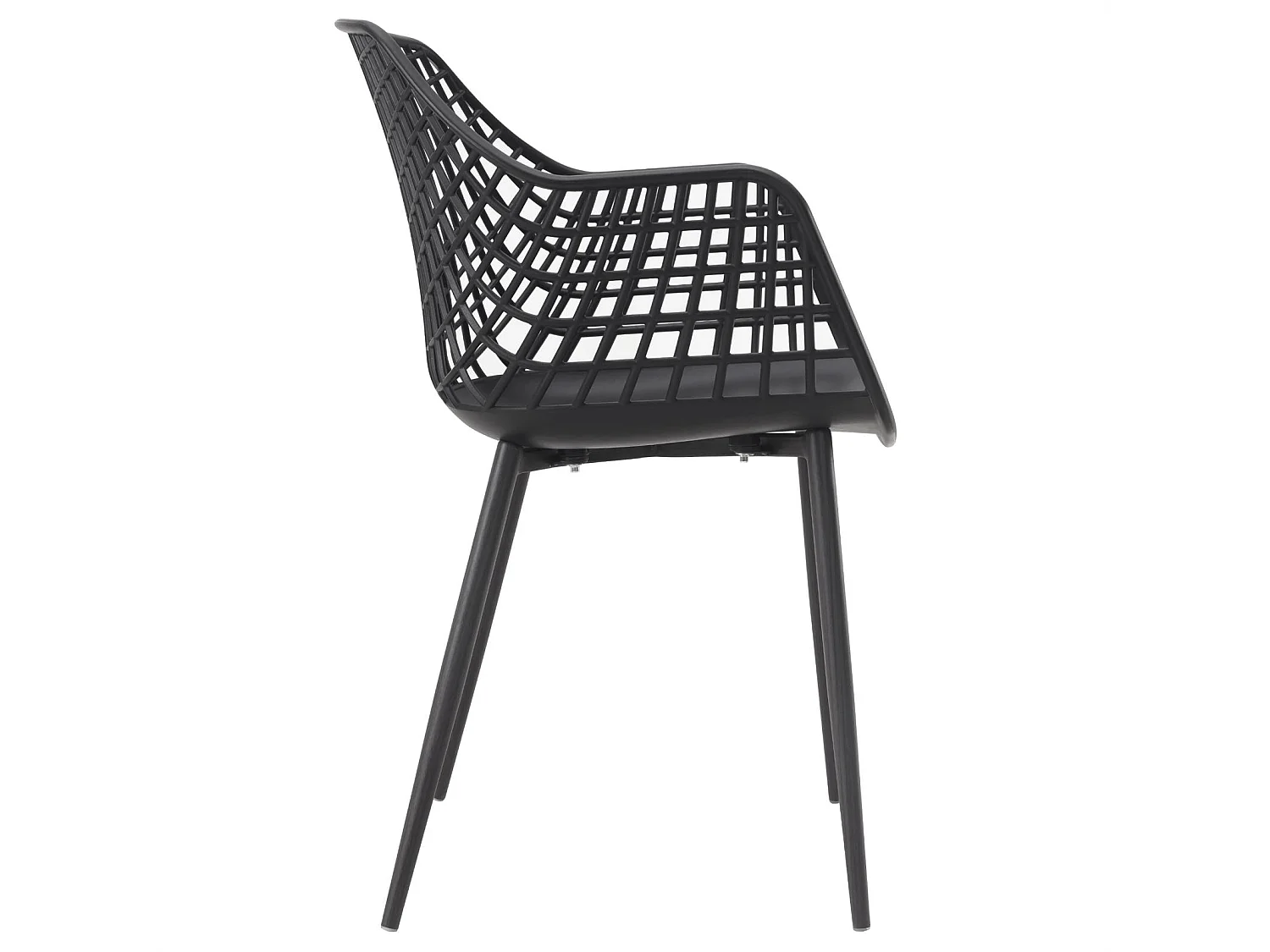 Lot de 4 chaises LUCIA pour salle à manger ou cuisine au design retro avec accoudoirs, coque en plastique noir et 4 pieds métal noir