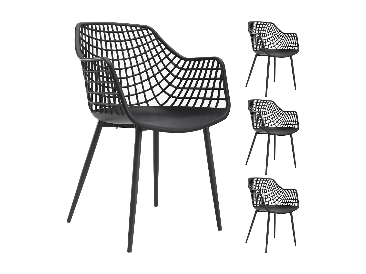 Lot de 4 chaises LUCIA pour salle à manger ou cuisine au design retro avec accoudoirs, coque en plastique noir et 4 pieds métal noir