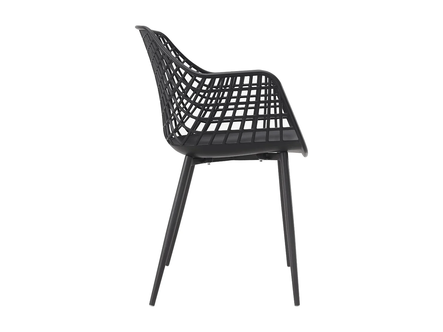 Lot de 4 chaises LUCIA pour salle à manger ou cuisine au design retro avec accoudoirs, coque en plastique noir et 4 pieds métal noir
