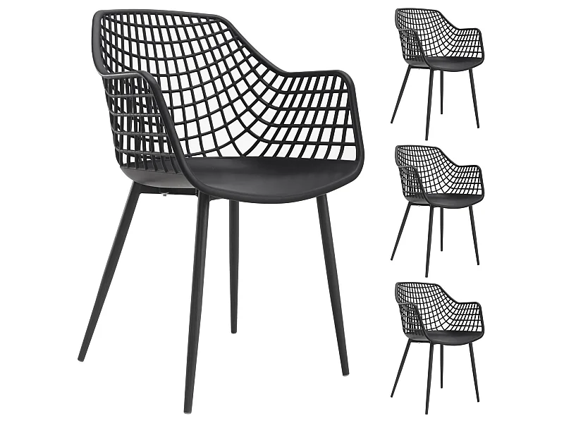 Lot de 4 chaises LUCIA pour salle à manger ou cuisine au design retro avec accoudoirs, coque en plastique noir et 4 pieds métal noir