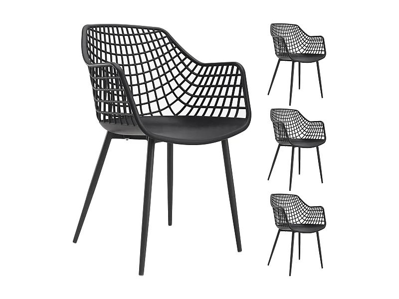 Lot de 4 chaises LUCIA pour salle à manger ou cuisine au design retro avec accoudoirs, coque en plastique noir et 4 pieds métal noir