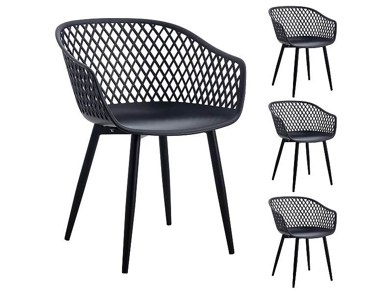 Lot de 4 chaises MADEIRA pour salle à manger ou cuisine au design retro avec accoudoirs, coque en plastique noir et 4 pieds en métal