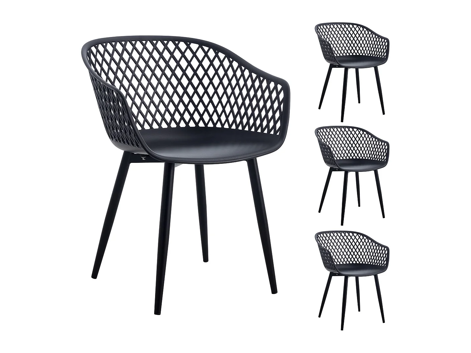 Lot de 4 chaises MADEIRA pour salle à manger ou cuisine au design retro avec accoudoirs, coque en plastique noir et 4 pieds en métal