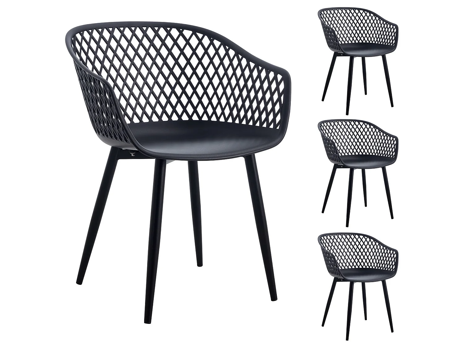 Lot de 4 chaises MADEIRA pour salle à manger ou cuisine au design retro avec accoudoirs, coque en plastique noir et 4 pieds en métal