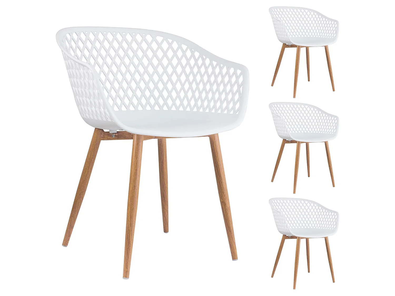 Lot de 4 chaises MADEIRA pour salle à manger ou cuisine au design retro avec accoudoirs, coque plastique blanc et 4 pieds décor bois