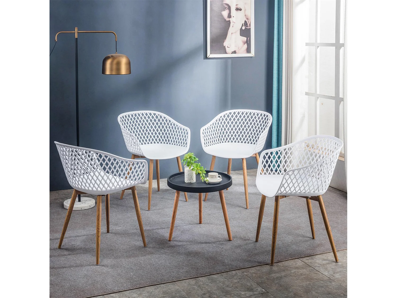 Lot de 4 chaises MADEIRA pour salle à manger ou cuisine au design retro avec accoudoirs, coque plastique blanc et 4 pieds décor bois