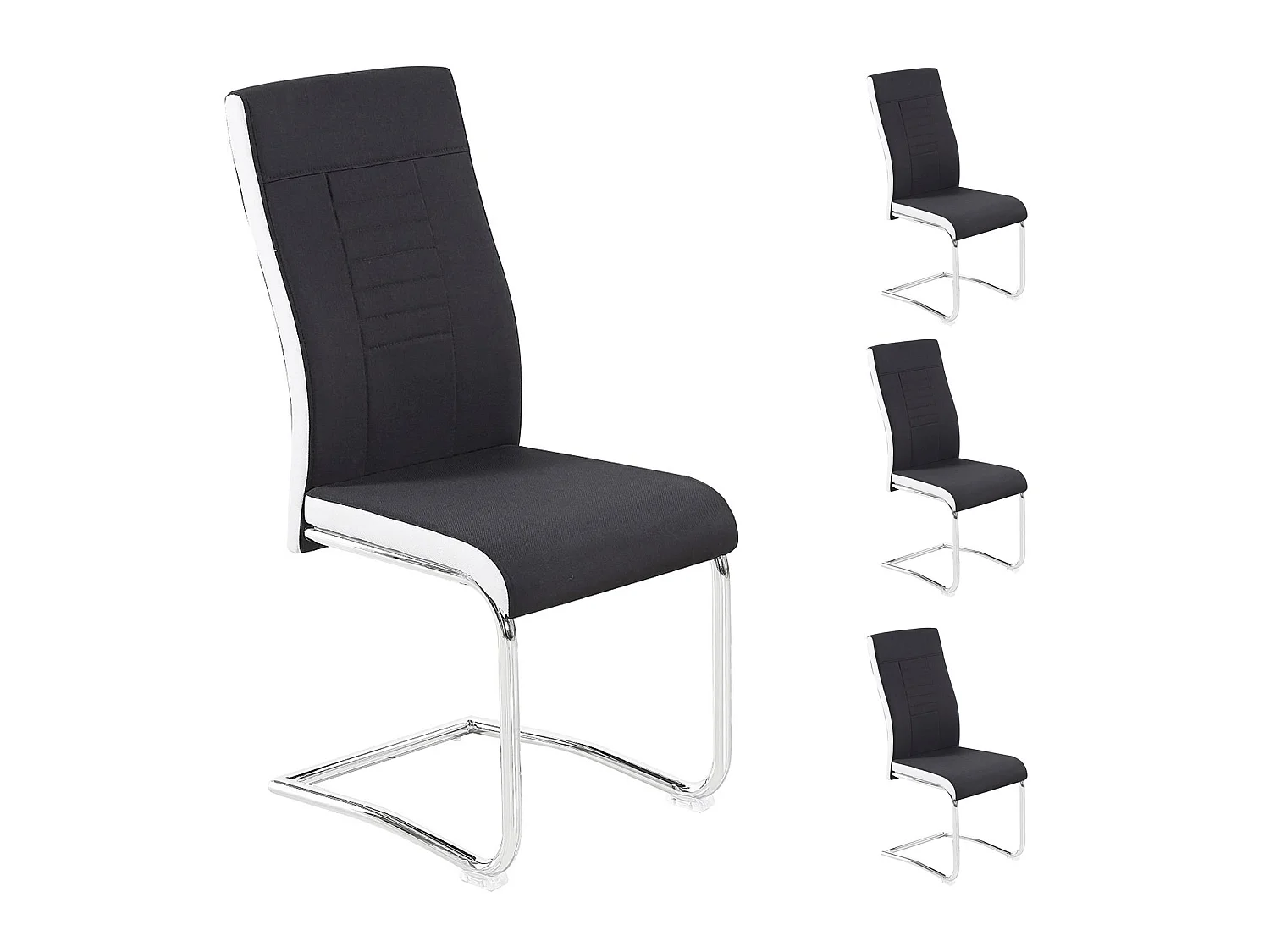 Lot de 4 chaises de salle à manger ou cuisine ALBA avec assise rembourrée et piètement chromé, revêtement en tissu noir et blanc