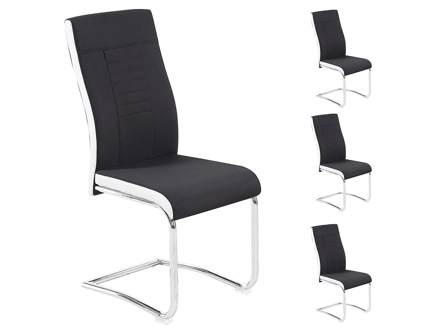 Lot de 4 chaises de salle à manger ou cuisine ALBA avec assise rembourrée et piètement chromé, revêtement en tissu noir et blanc