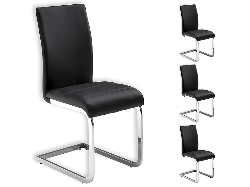 Lot de 4 chaises de salle à manger LETICIA piètement chromé et revêtement synthétique noir