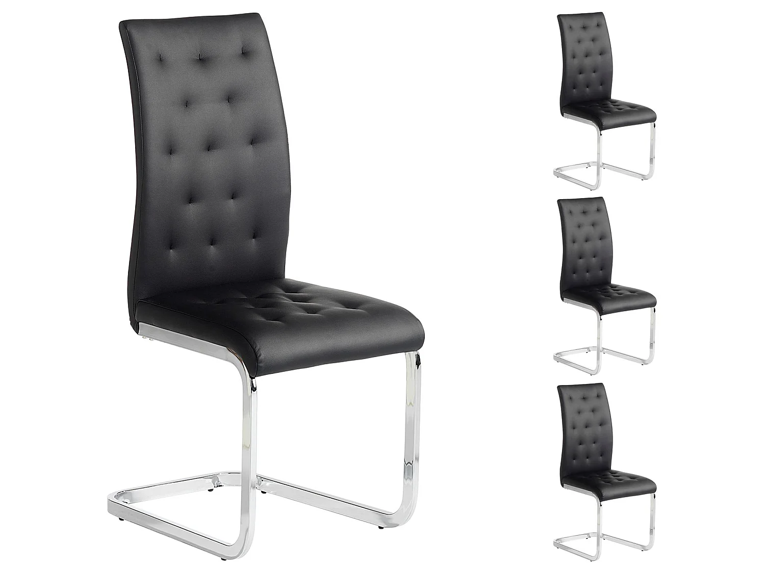 Lot de 4 chaises de salle à manger CHLOE avec assise capitonnée et piétement chromé, revêtement en synthétique noir