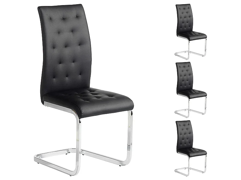 Lot de 4 chaises de salle à manger CHLOE avec assise capitonnée et piétement chromé, revêtement en synthétique noir