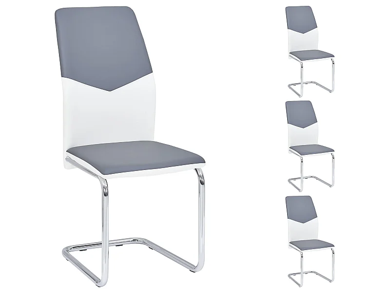 Lot de 4 chaises de salle à manger LEONA piètement chromé revêtement synthétique bicolore blanc et gris