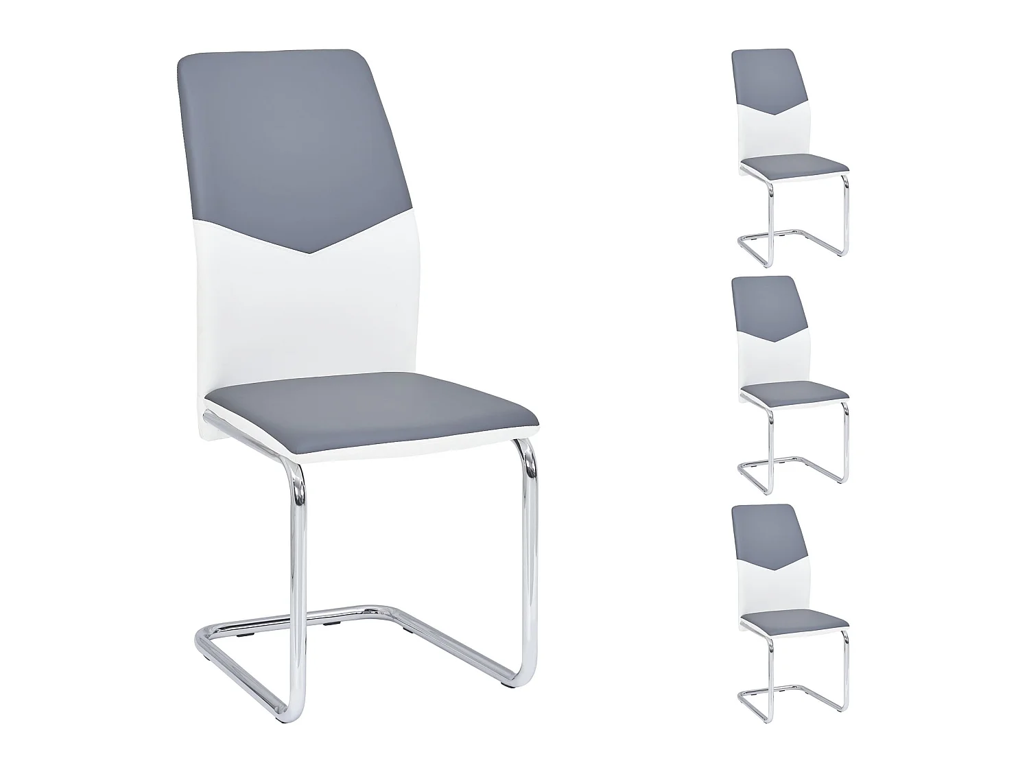 Lot de 4 chaises de salle à manger LEONA piètement chromé revêtement synthétique bicolore blanc et gris