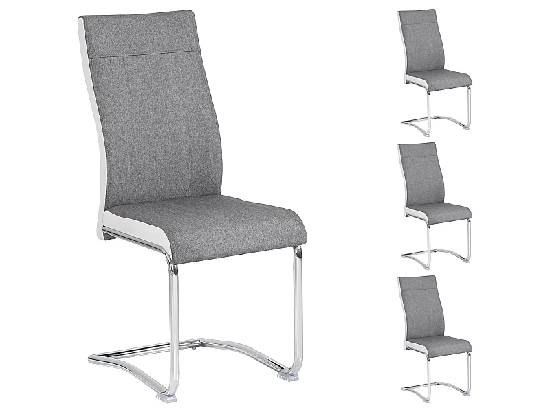 Lot de 4 chaises de salle à manger ou cuisine ALBA avec assise rembourrée et piètement chromé, revêtement en tissu gris et blanc