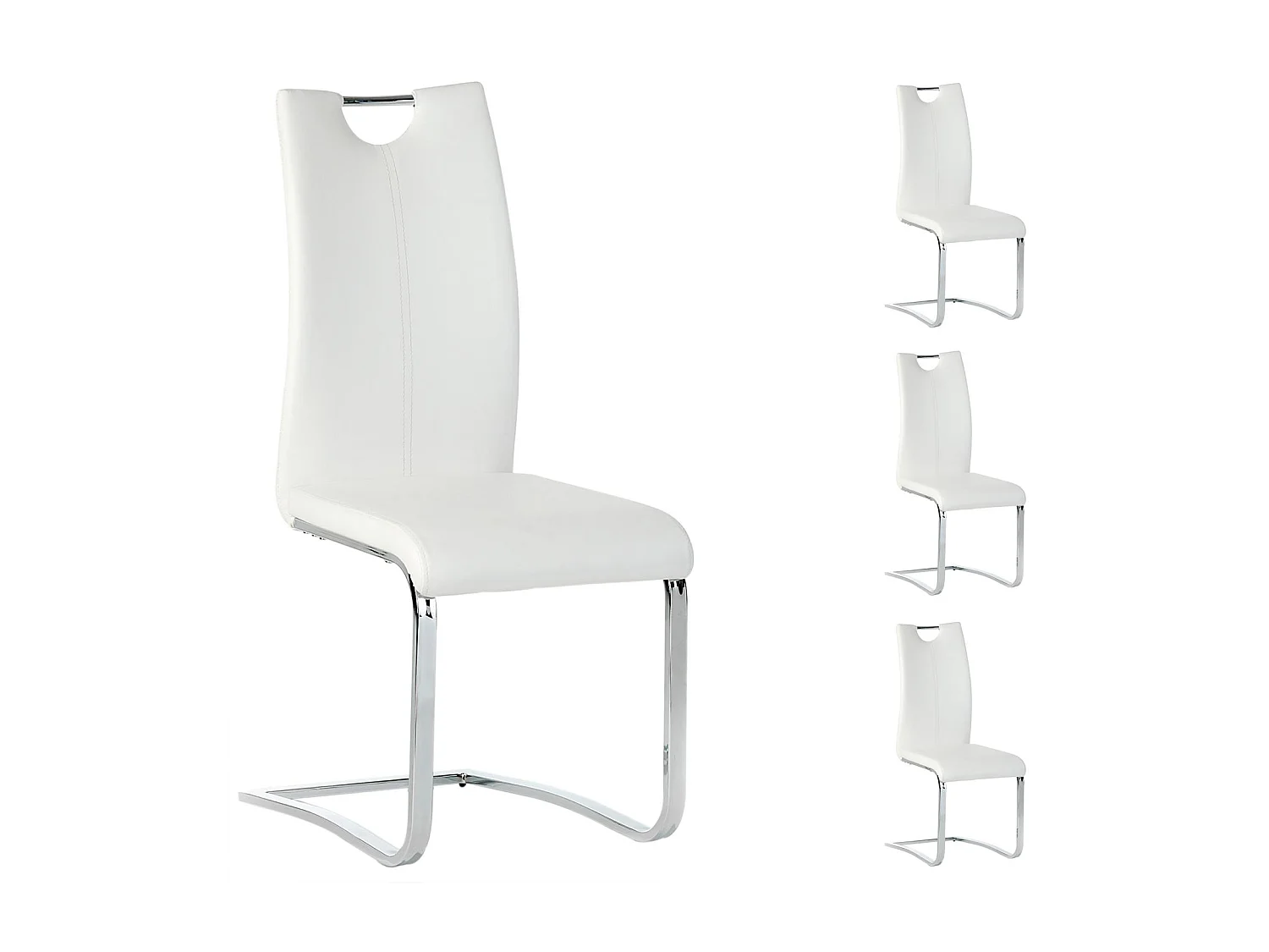 Lot de 4 chaises de salle à manger SABA avec poignée intégrée et piétement chromé, revêtement en synthétique blanc