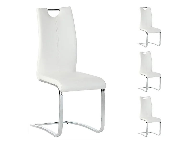 Lot de 4 chaises de salle à manger SABA avec poignée intégrée et piétement chromé, revêtement en synthétique blanc
