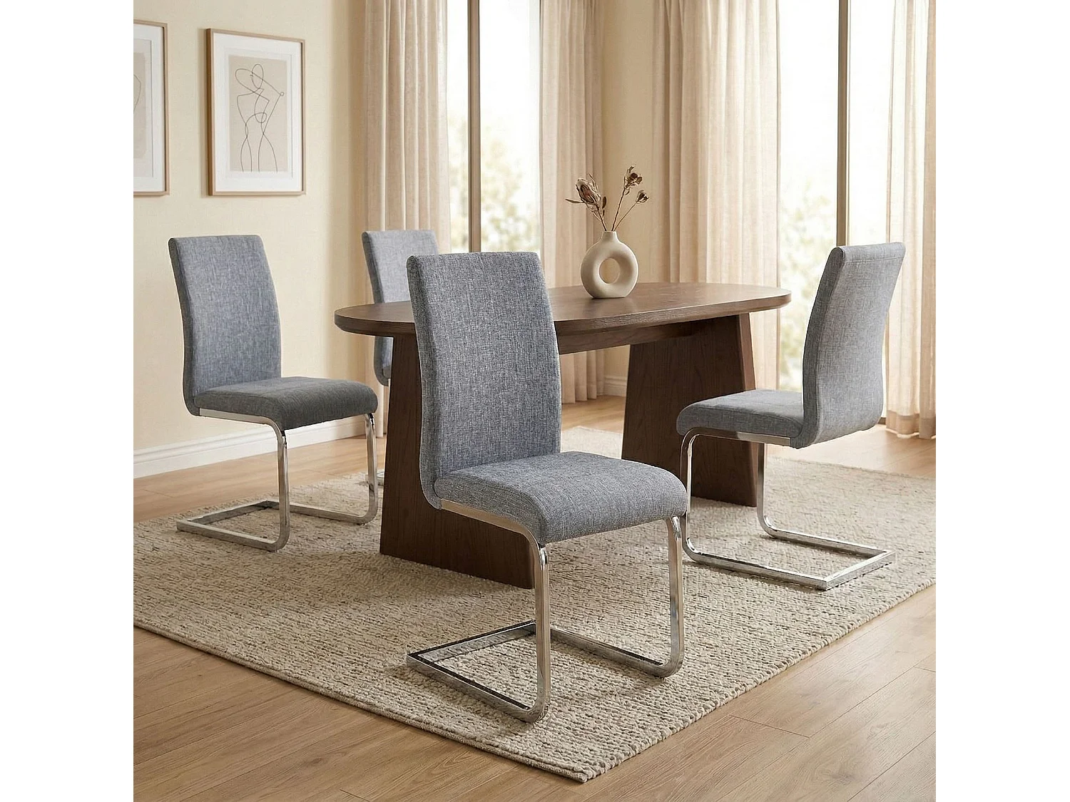 Lot de 4 chaises de salle à manger LETICIA piètement en métal chromé et revêtement en tissu gris