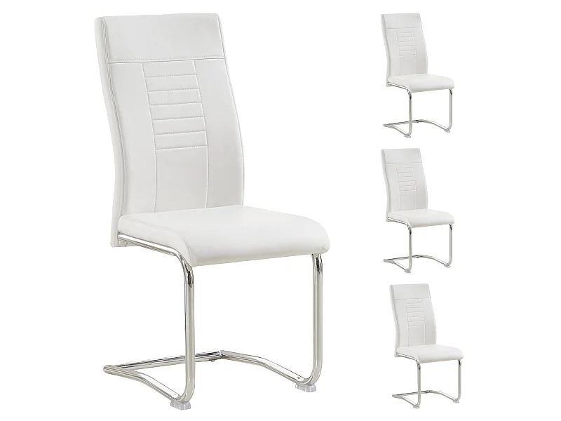 Lot de 4 chaises de salle à manger ou cuisine LOANO, Chaise cantilever avec assise rembourrée et piètement en métal chromé, Blanc