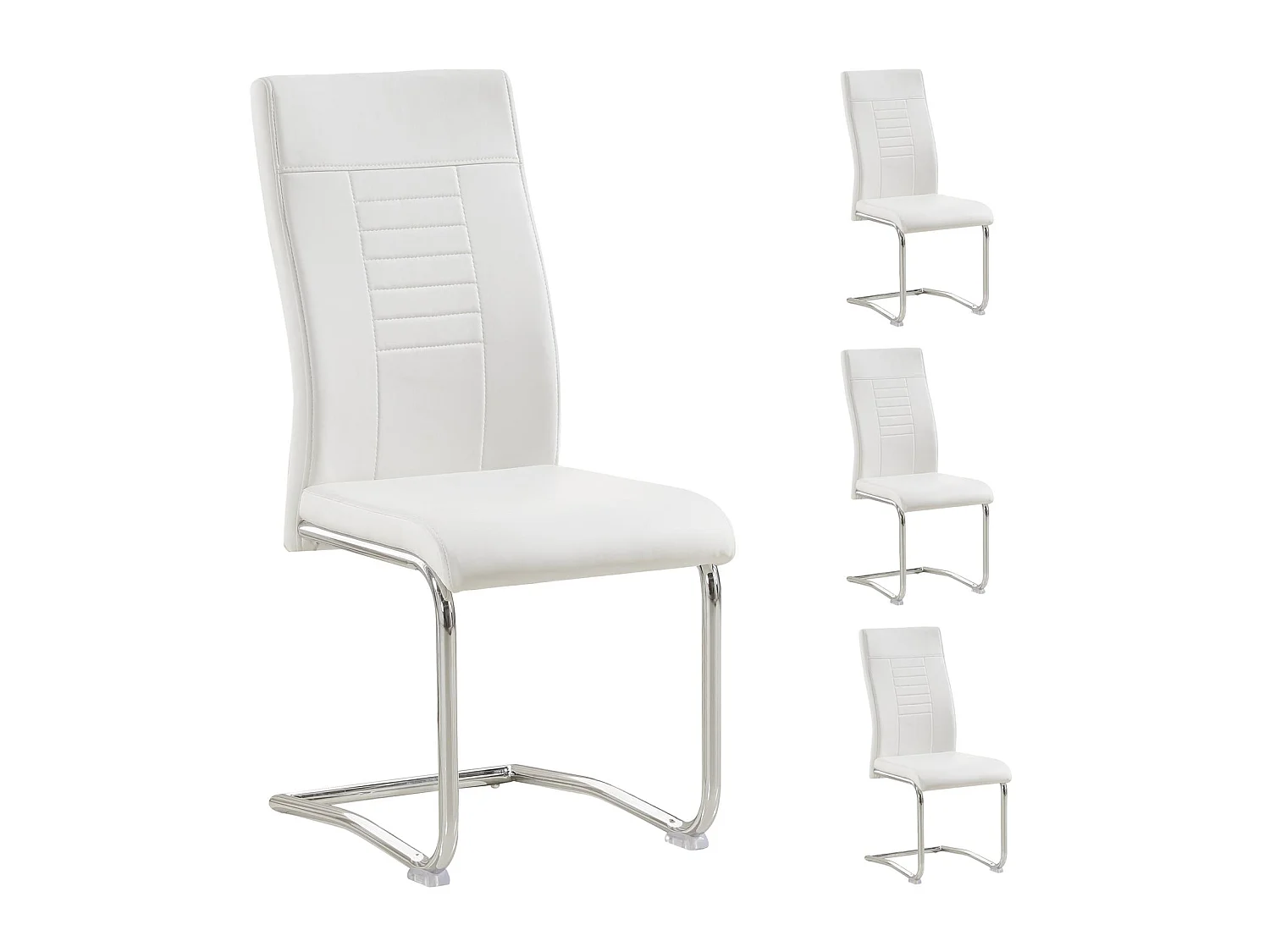 Lot de 4 chaises de salle à manger ou cuisine LOANO, Chaise cantilever avec assise rembourrée et piètement en métal chromé, Blanc