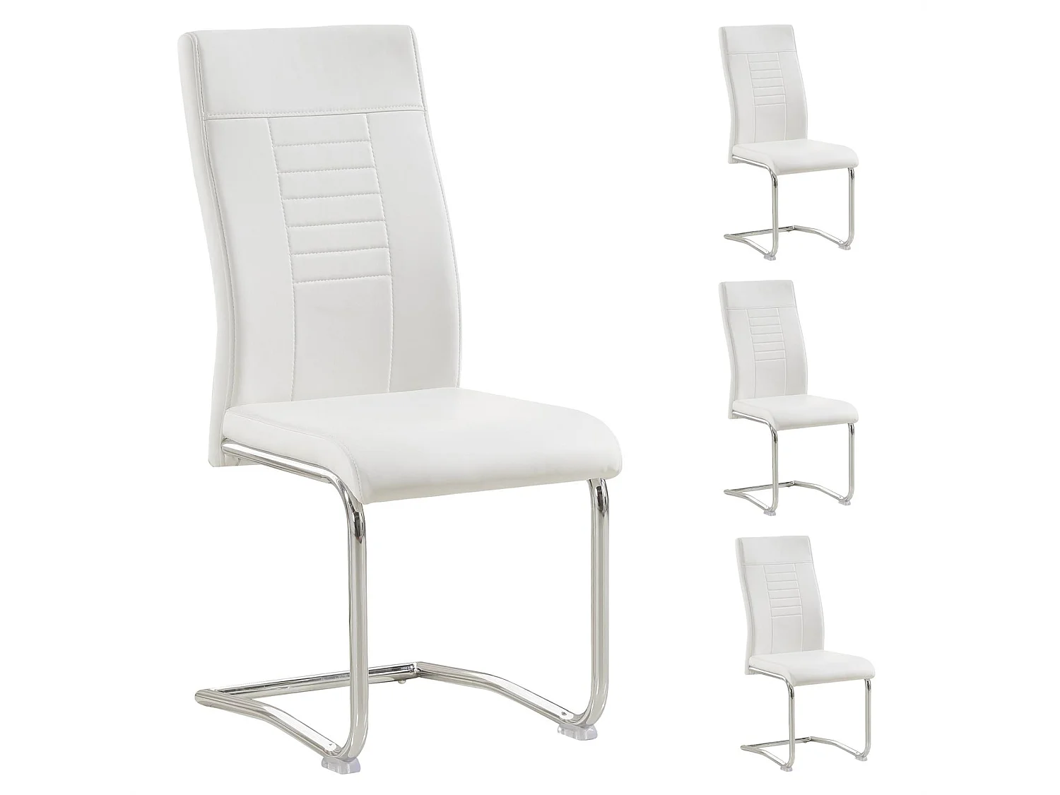 Lot de 4 chaises de salle à manger ou cuisine LOANO, Chaise cantilever avec assise rembourrée et piètement en métal chromé, Blanc