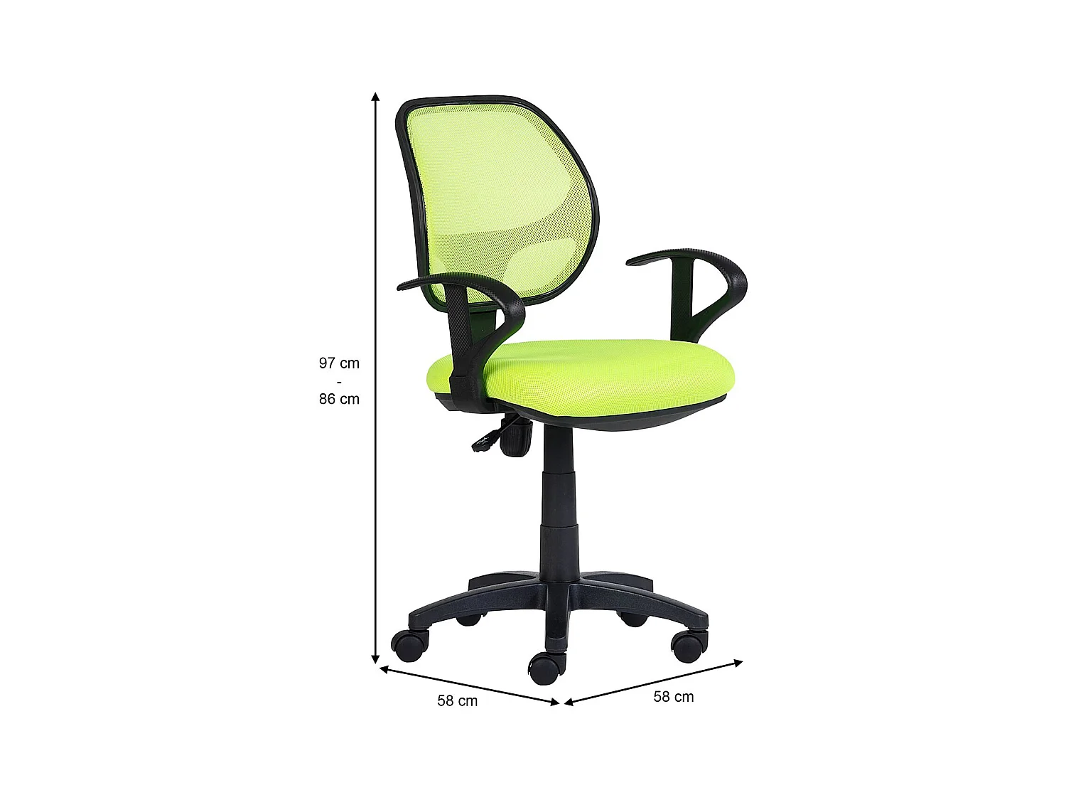 Chaise de bureau pour enfant COOL fauteuil pivotant et ergonomique avec accoudoirs, siège à roulettes et hauteur réglable, mesh vert