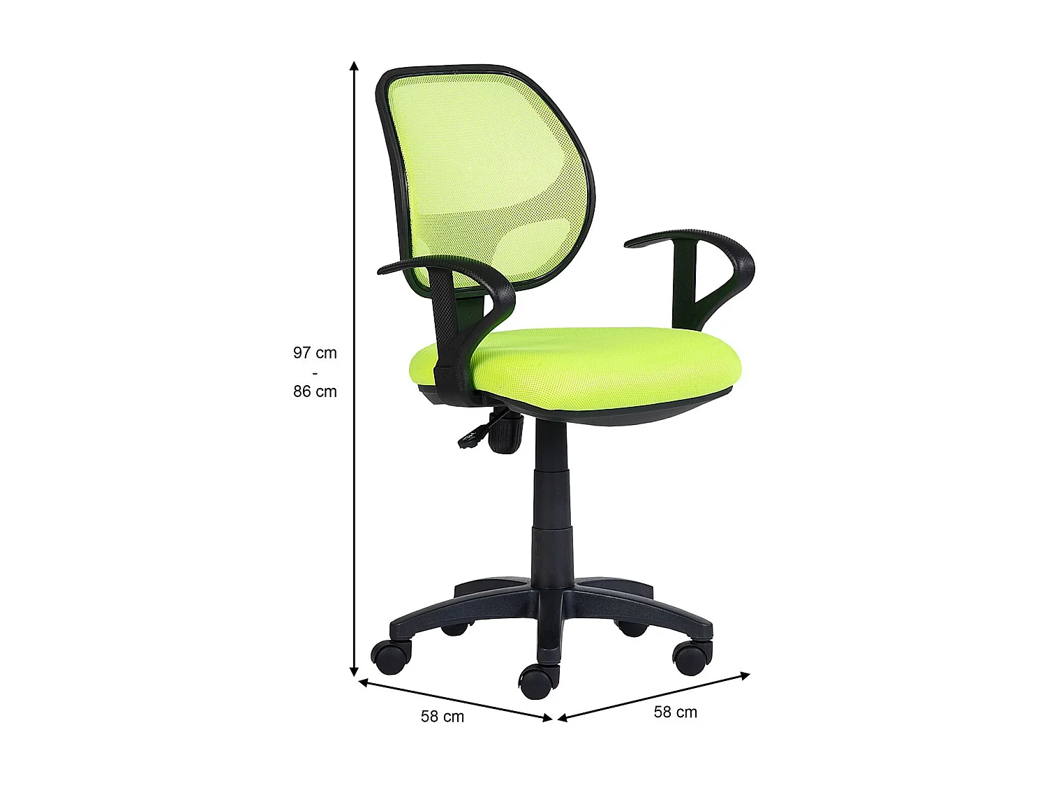 Chaise de bureau pour enfant COOL fauteuil pivotant et ergonomique avec accoudoirs, siège à roulettes et hauteur réglable, mesh vert