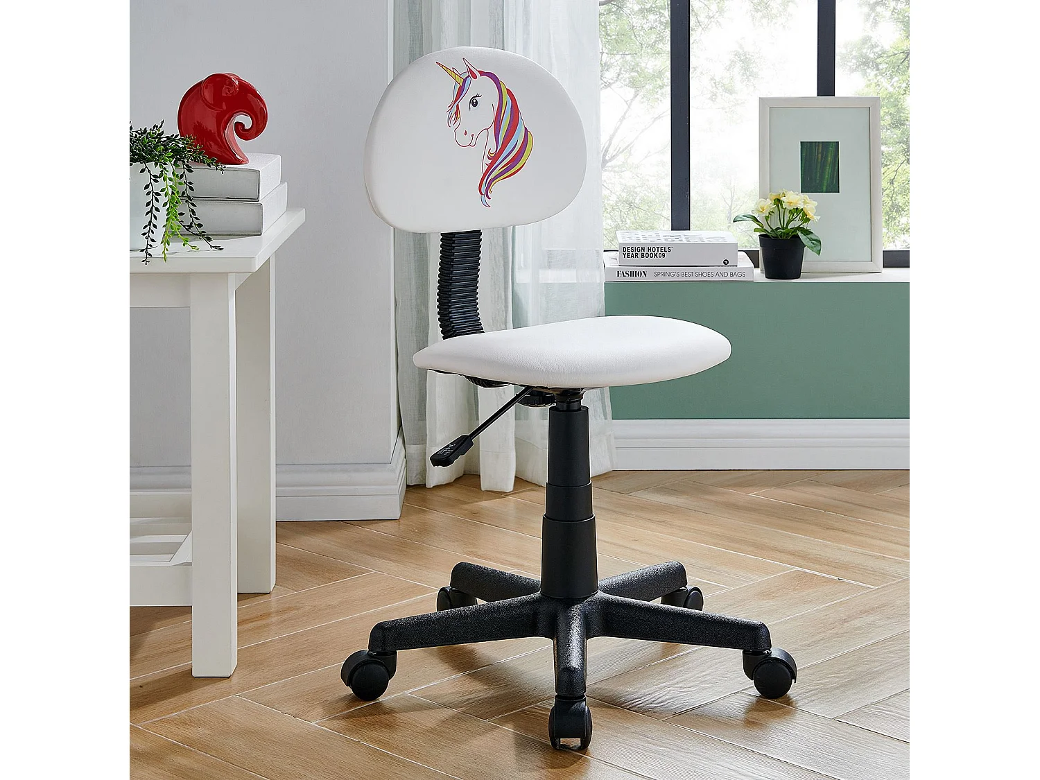 Chaise de bureau pour enfant UNICORN fauteuil pivotant sans accoudoirs hauteur réglable, en synthétique blanc avec motif licorne