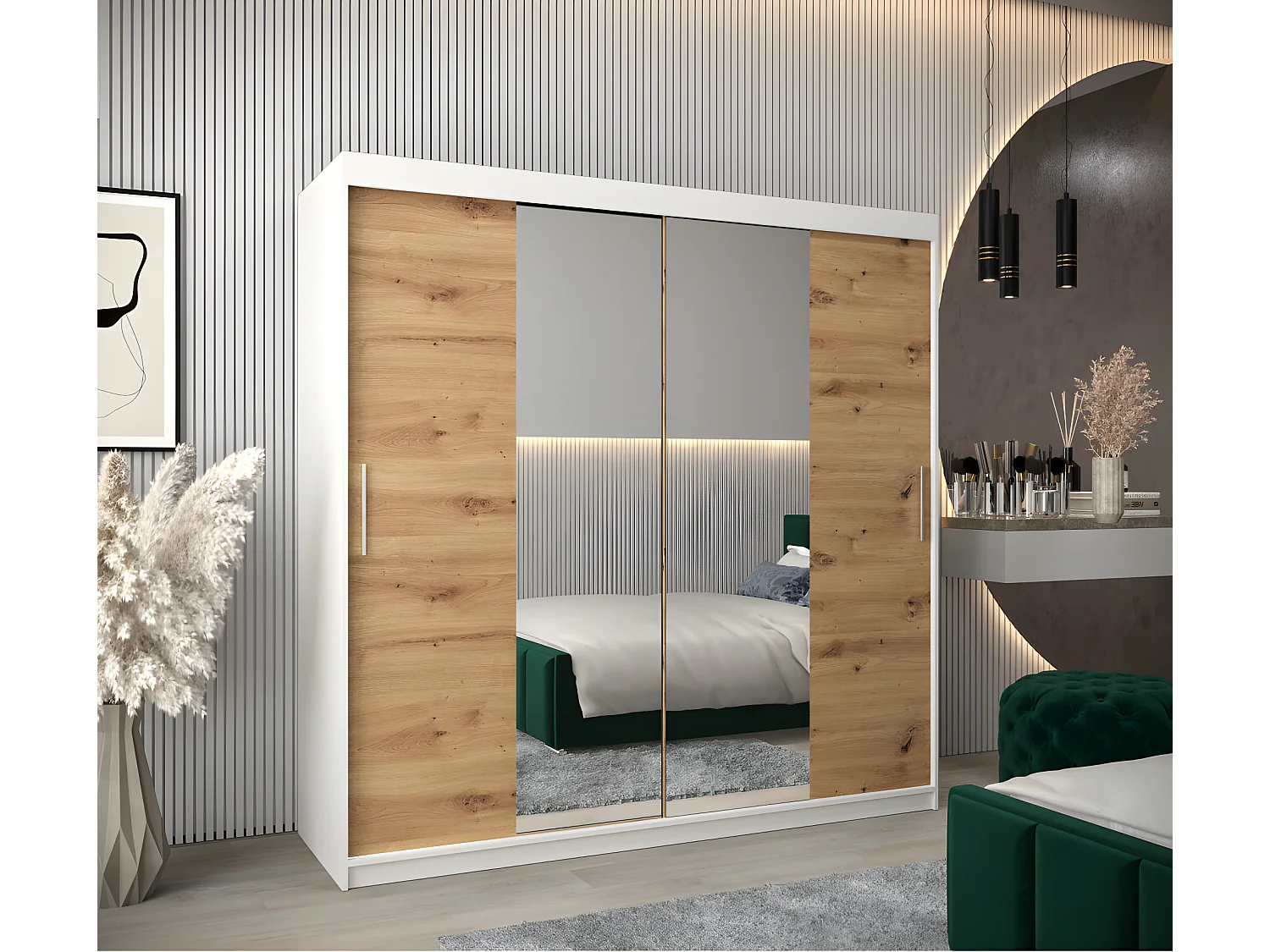 Armoire 2 portes coulissantes Tokyo 1 200x200 cm avec miroir Blanc - Chène