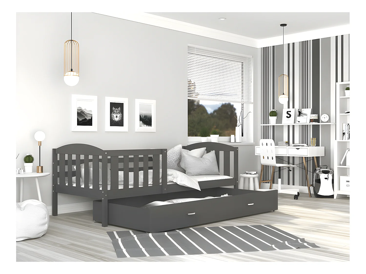 Lit enfant LUNA 90X190 cm - 1 Matelas , 1 Sommier et Tiroir inclus Gris