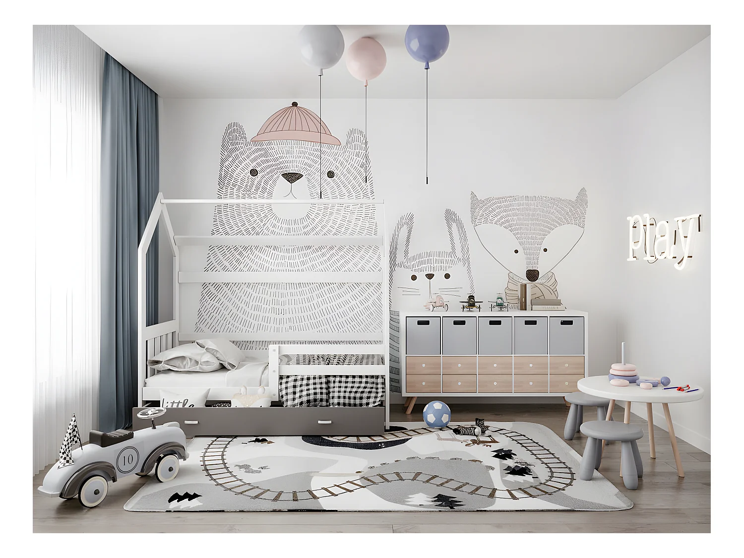 Lit cabane Plus  80 x160 cm avec sommier , matelas et tiroir Blanc - Gris foncé