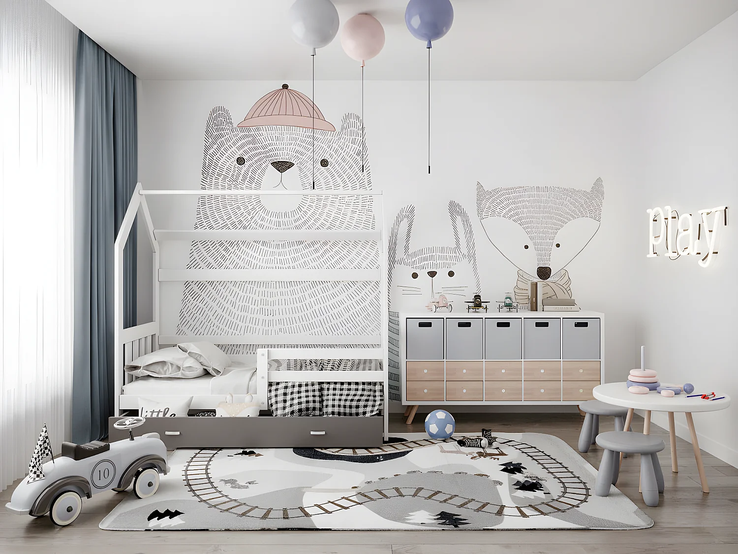 Lit cabane Plus  80 x160 cm avec sommier , matelas et tiroir Blanc - Gris foncé